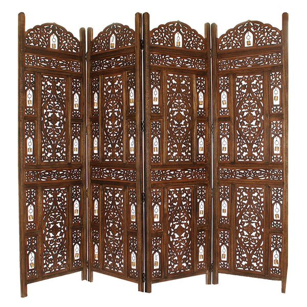 Handcrafted Wooden 4 Panel Room Divider Screen With Tiny Bells Reversible