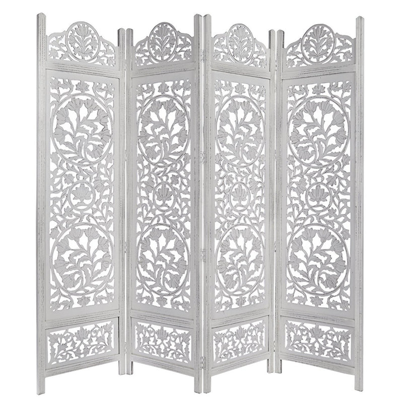 Handcrafted Wooden 4 Panel Room Divider Screen Featuring Lotus Pattern Reversible White-zoom-