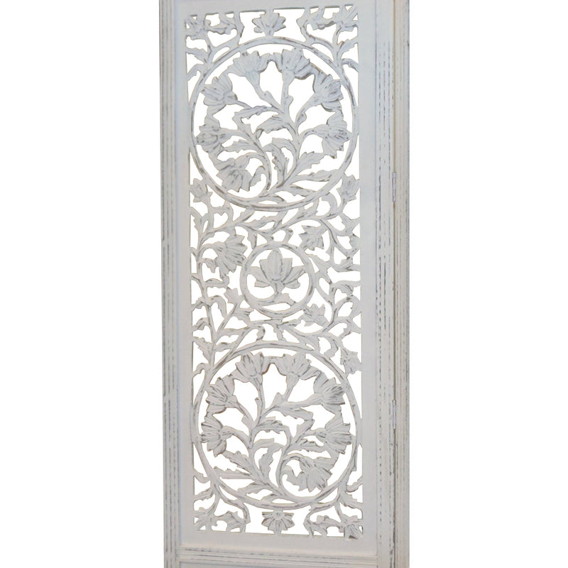 Handcrafted Wooden 4 Panel Room Divider Screen Featuring Lotus Pattern Reversible White-zoom-