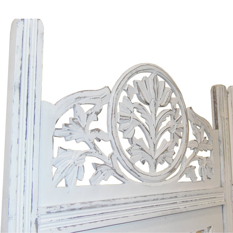 Handcrafted Wooden 4 Panel Room Divider Screen Featuring Lotus Pattern Reversible White-zoom-
