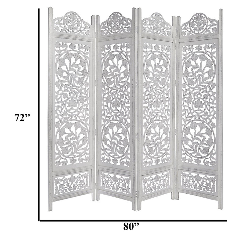 Handcrafted Wooden 4 Panel Room Divider Screen Featuring Lotus Pattern Reversible White-zoom-