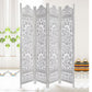 Handcrafted Wooden 4 Panel Room Divider Screen Featuring Lotus Pattern Reversible White