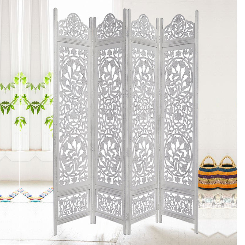 Handcrafted Wooden 4 Panel Room Divider Screen Featuring Lotus Pattern Reversible White-zoom-