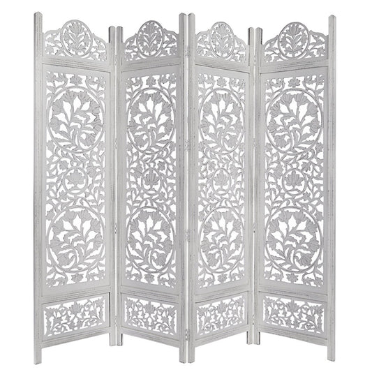 Handcrafted Wooden 4 Panel Room Divider Screen Featuring Lotus Pattern Reversible White