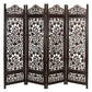 Handcrafted Wooden 4 Panel Room Divider Screen Featuring Lotus Pattern Reversible Brown