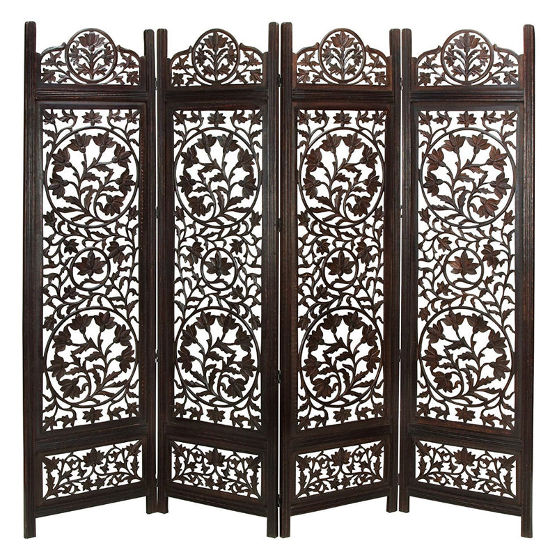 Handcrafted Wooden 4 Panel Room Divider Screen Featuring Lotus Pattern Reversible Brown-zoom-