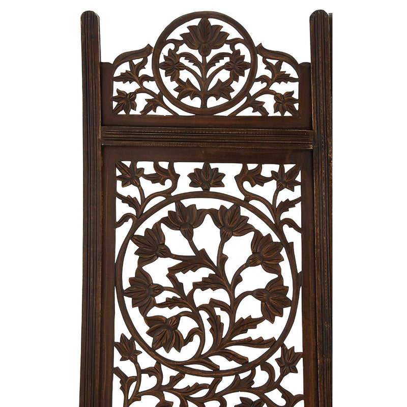 Handcrafted Wooden 4 Panel Room Divider Screen Featuring Lotus Pattern Reversible Brown-zoom-