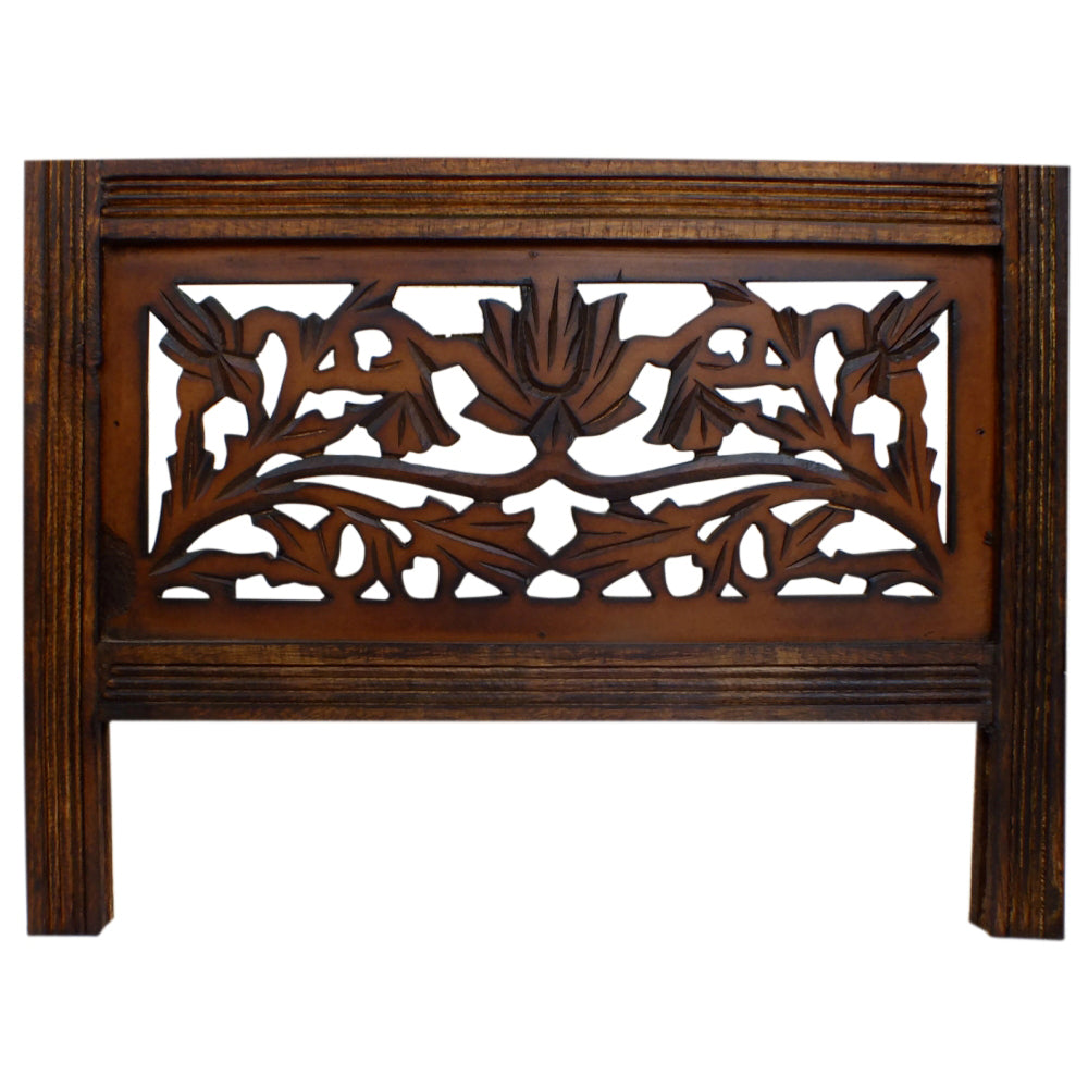 Handcrafted Wooden 4 Panel Room Divider Screen Featuring Lotus Pattern Reversible Brown-zoom-4