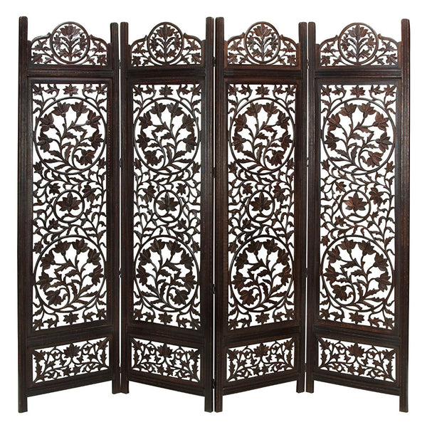 Handcrafted Wooden 4 Panel Room Divider Screen Featuring Lotus Pattern Reversible Brown