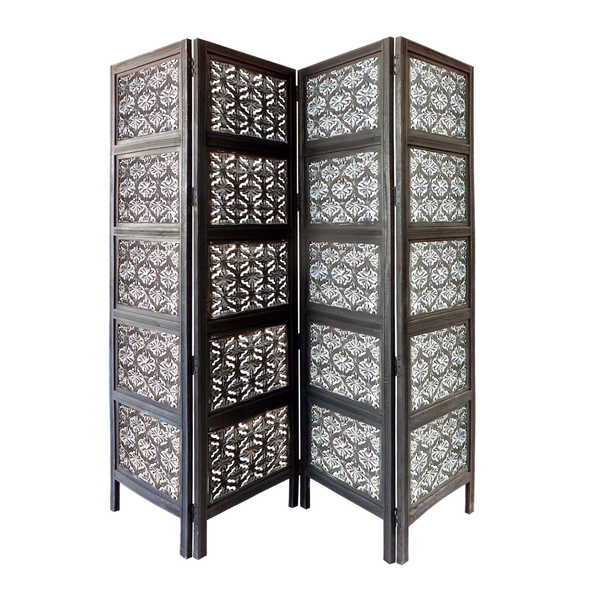 Four Panel Mango Wood Room Divider with Traditional Carvings, Black and White-zoom-1
