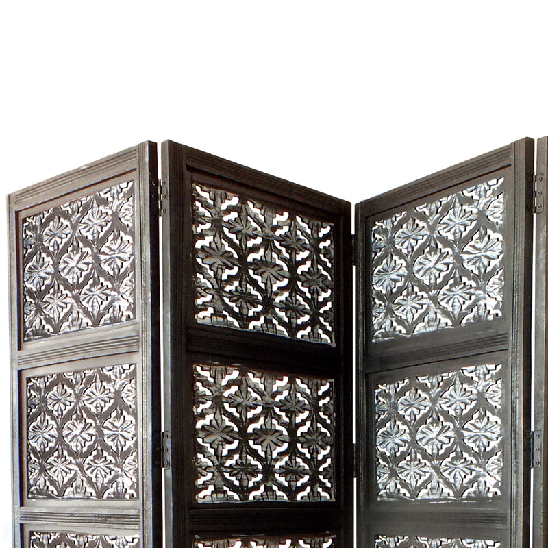Four Panel Mango Wood Room Divider with Traditional Carvings, Black and White-zoom-