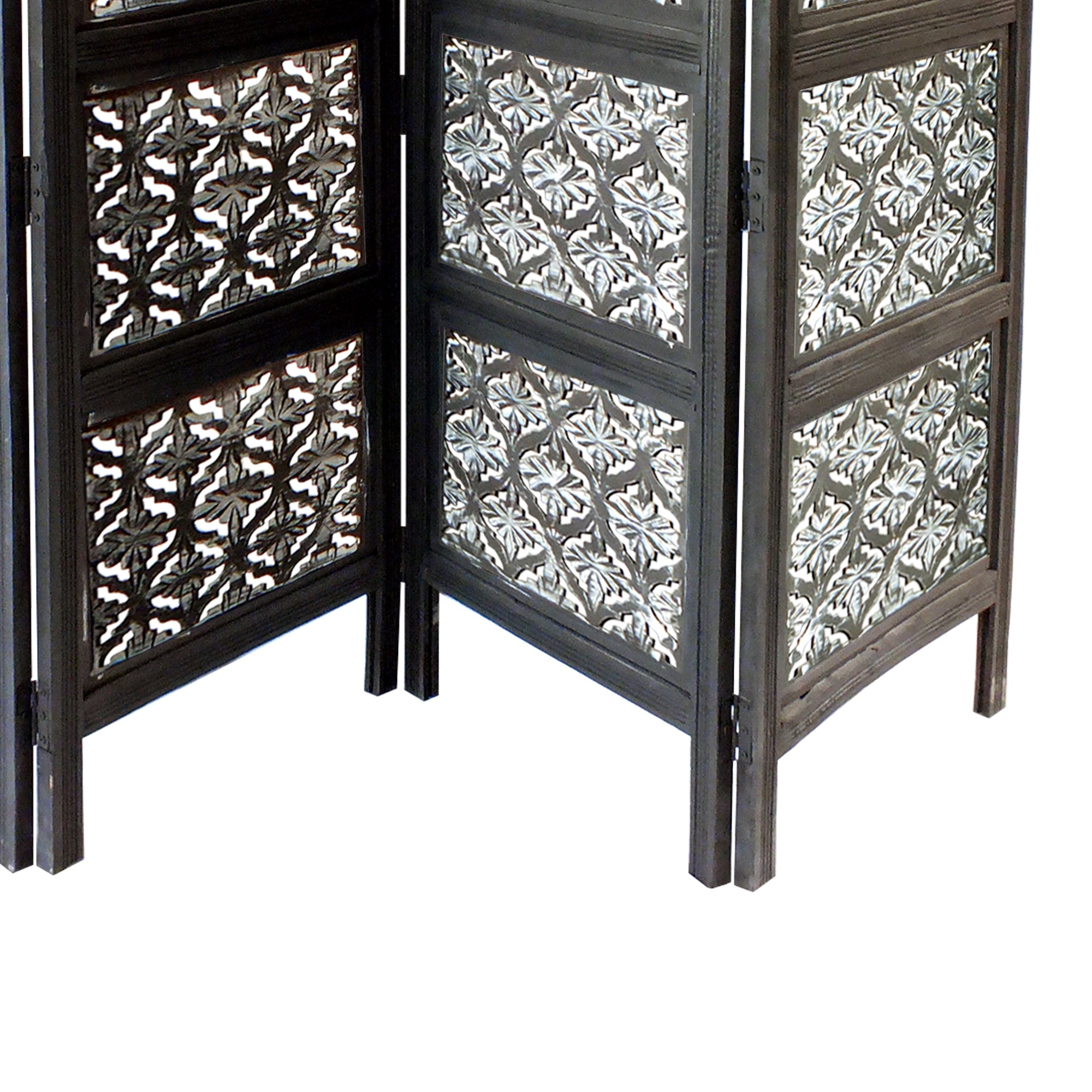 Four Panel Mango Wood Room Divider with Traditional Carvings, Black and White-zoom-3