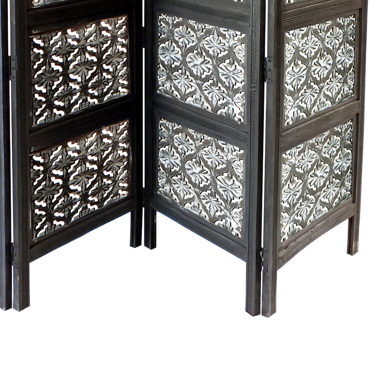 Four Panel Mango Wood Room Divider with Traditional Carvings, Black and White-zoom-