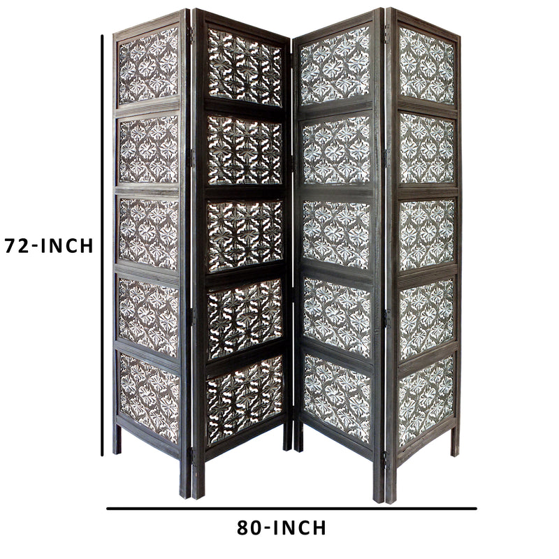 Four Panel Mango Wood Room Divider with Traditional Carvings, Black and White-zoom-