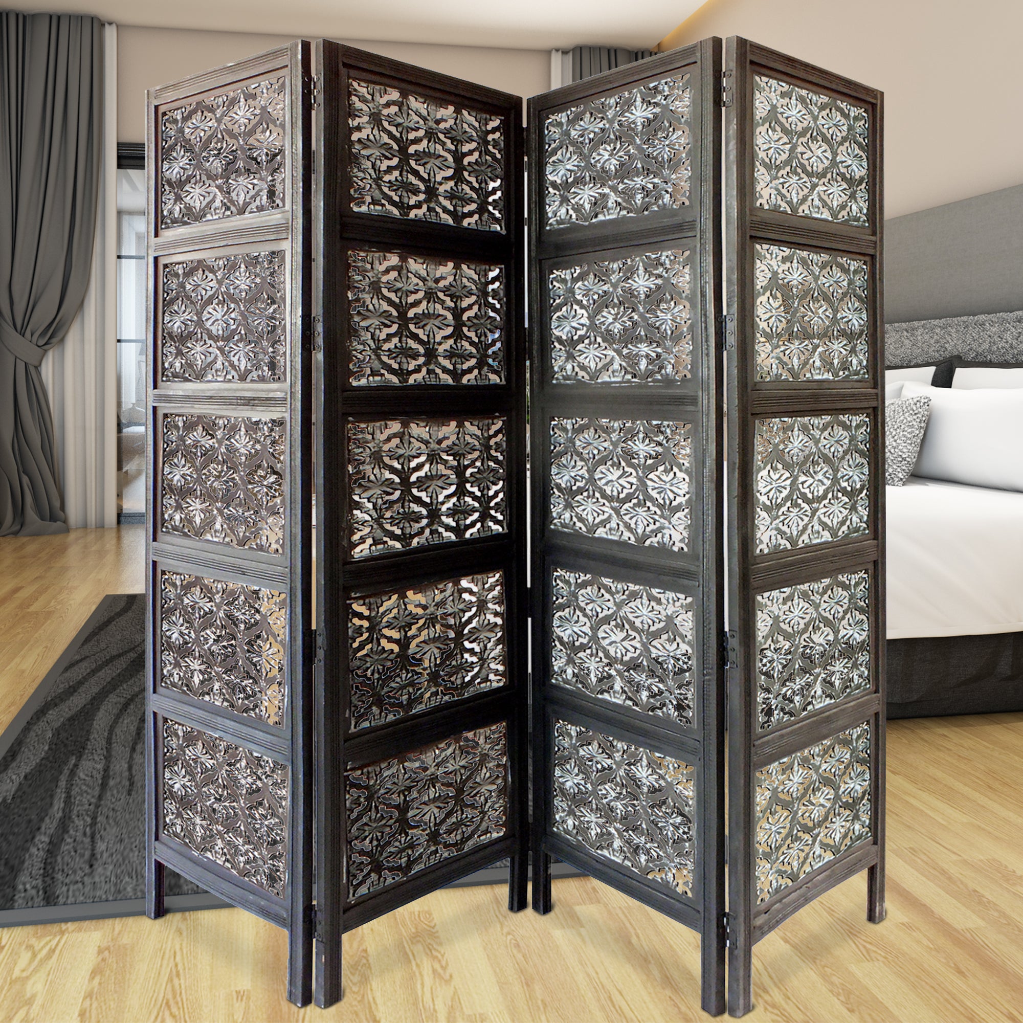 Four Panel Mango Wood Room Divider with Traditional Carvings, Black and White-zoom-5