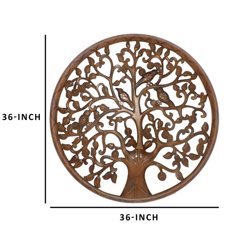 36 Inch Round Wooden Wall Art Decor Tree Of Life Art Carved Cutout Design Sitting Birds Walnut-zoom-