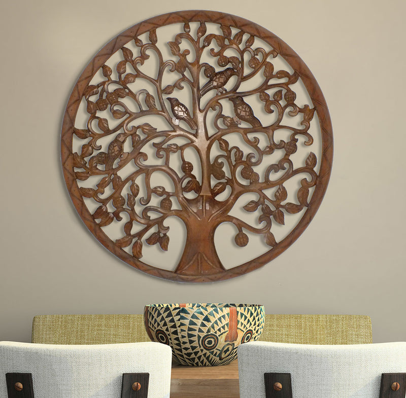 36 Inch Round Wooden Wall Art Decor Tree Of Life Art Carved Cutout Design Sitting Birds Walnut-zoom-