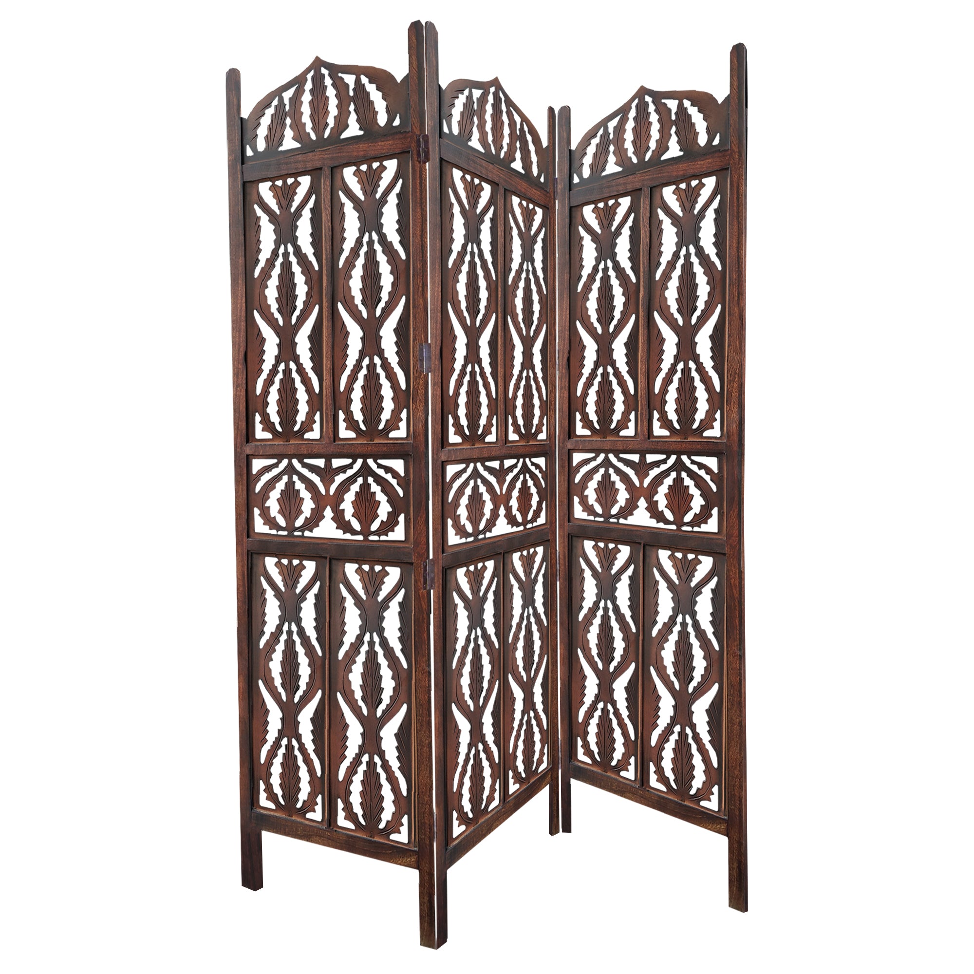 Decorative 3 Panel Mango Wood Screen With Abstract Carvings Brown