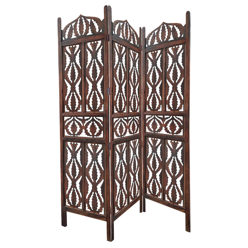 Decorative 3 Panel Mango Wood Screen With Abstract Carvings Brown-zoom-