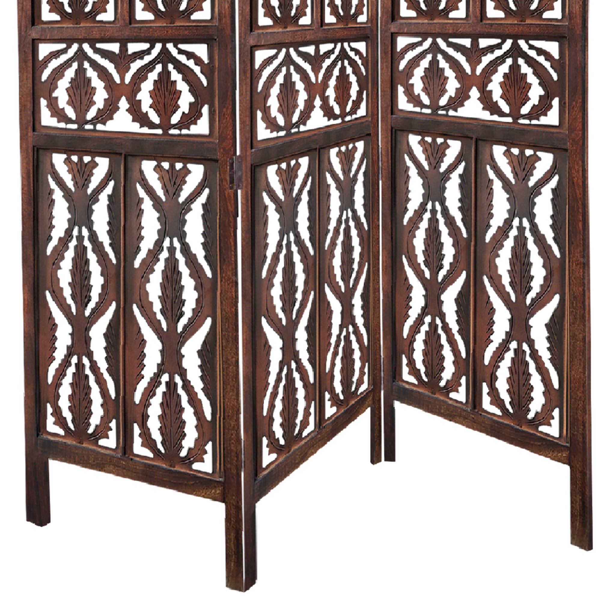 Decorative 3 Panel Mango Wood Screen With Abstract Carvings Brown-zoom-4