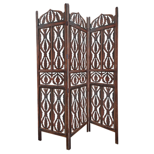 Decorative 3 Panel Mango Wood Screen With Abstract Carvings Brown