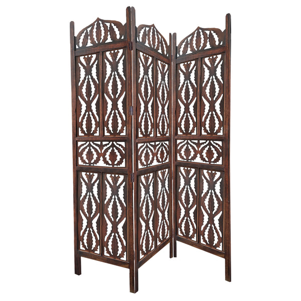 Decorative 3 Panel Mango Wood Screen With Abstract Carvings Brown