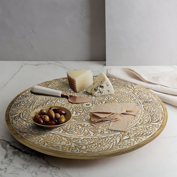 Round Mango Wood Decorative Carved Turntable Lazy Susan With Filigree Engraving Brown