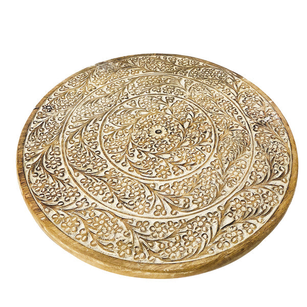 Round Mango Wood Decorative Carved Turntable Lazy Susan With Filigree Engraving Brown-zoom-2