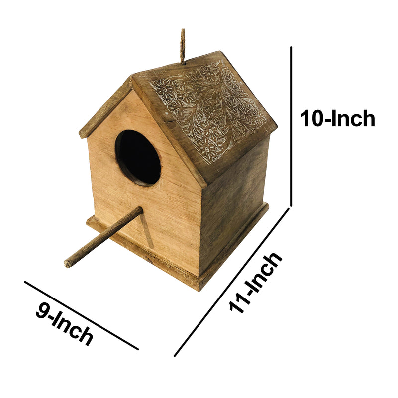 Hut Shape Decorative Mango Wood Hanging Bird House With Engraved Details Distressed Brown-zoom-