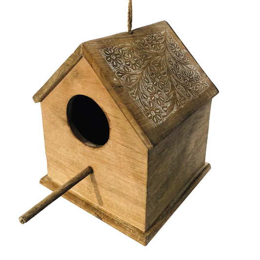 Hut Shape Decorative Mango Wood Hanging Bird House With Engraved Details Distressed Brown