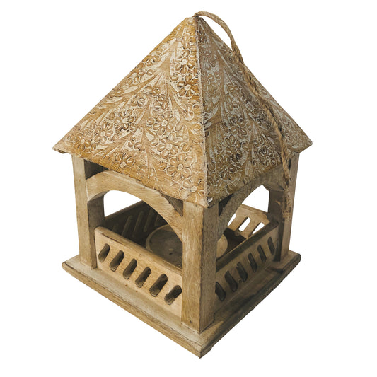 Floral Engraved Decorative Temple Top Mango Wood Hanging Bird House With Feeder Brown