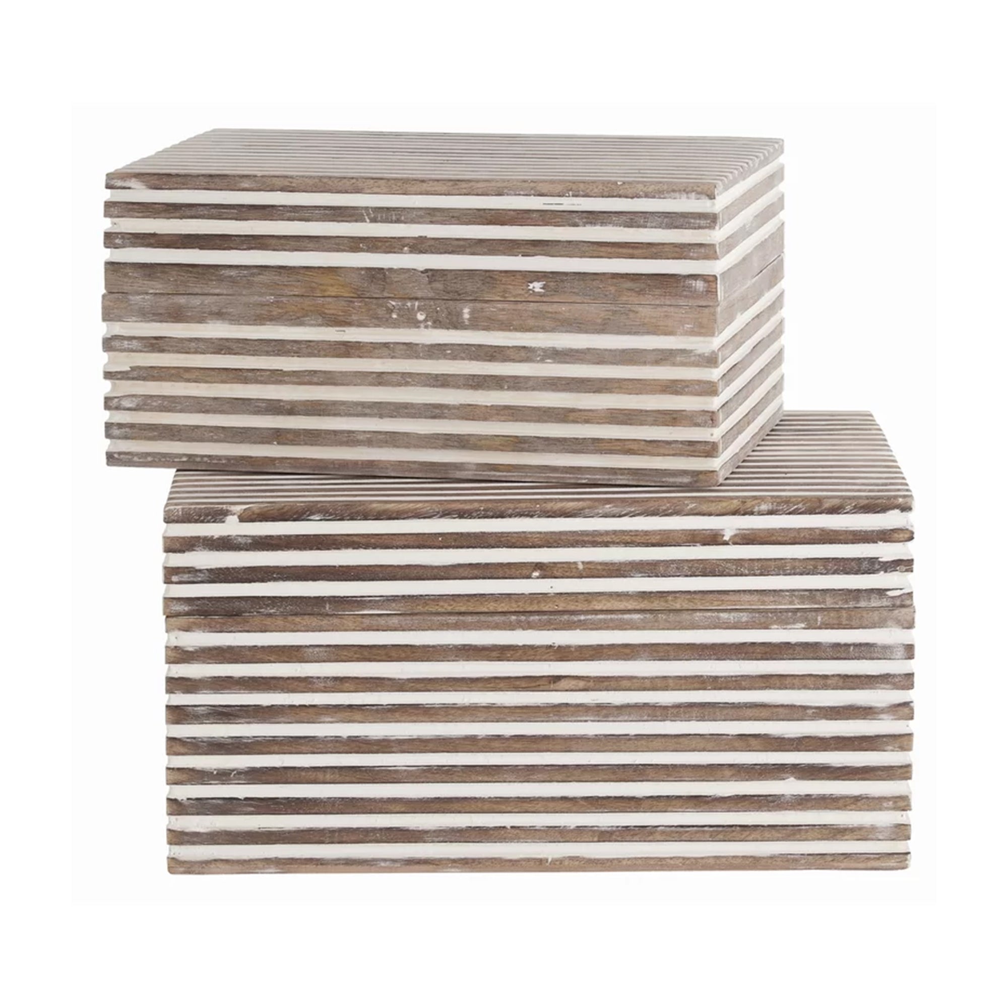 Wooden Decorative Storage Box With Block Stripe Pattern Set Of 2 Whitewash