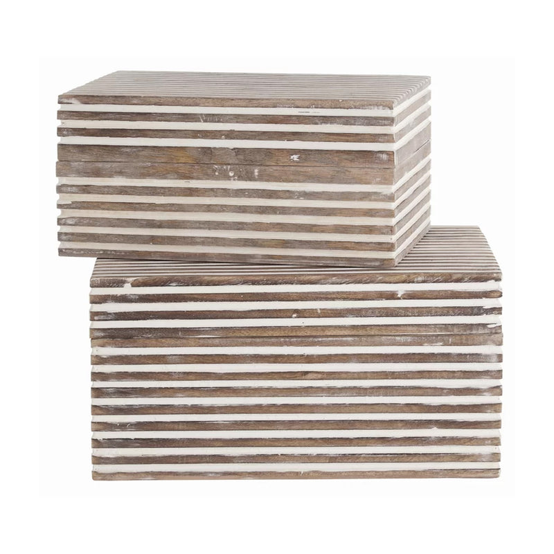Wooden Decorative Storage Box With Block Stripe Pattern Set Of 2 Whitewash-zoom-