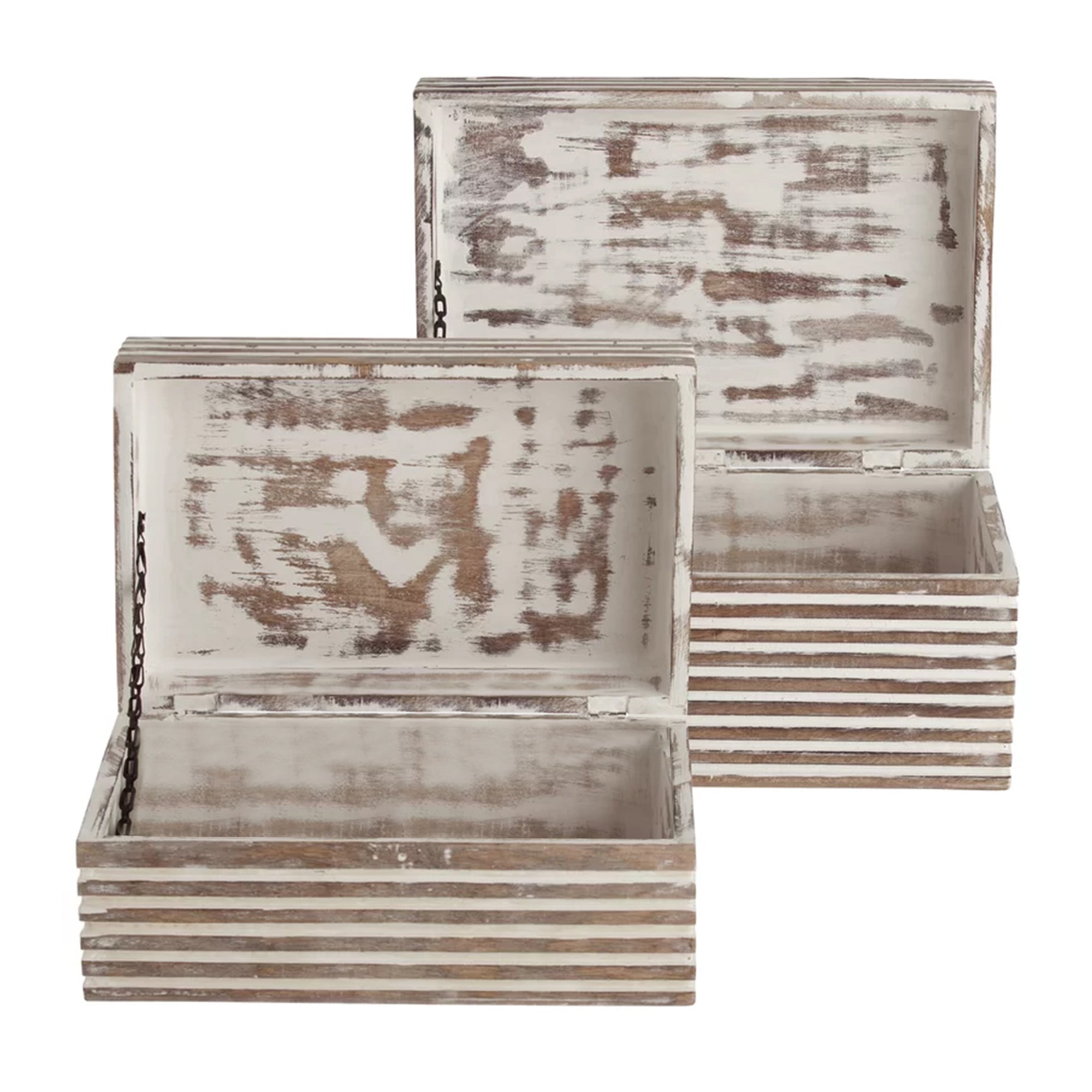 Wooden Decorative Storage Box With Block Stripe Pattern Set Of 2 Whitewash