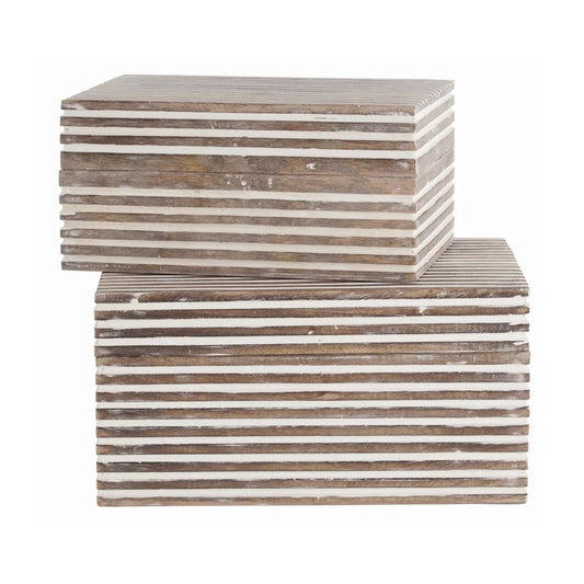 Wooden Decorative Storage Box With Block Stripe Pattern Set Of 2 Whitewash