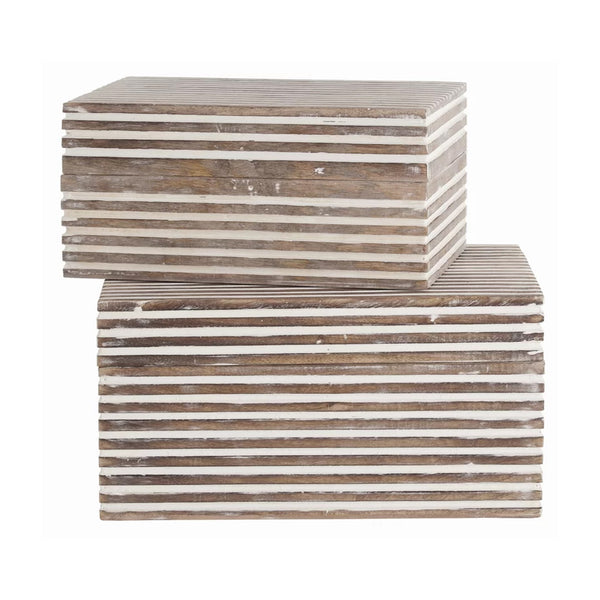 Wooden Decorative Storage Box With Block Stripe Pattern Set Of 2 Whitewash
