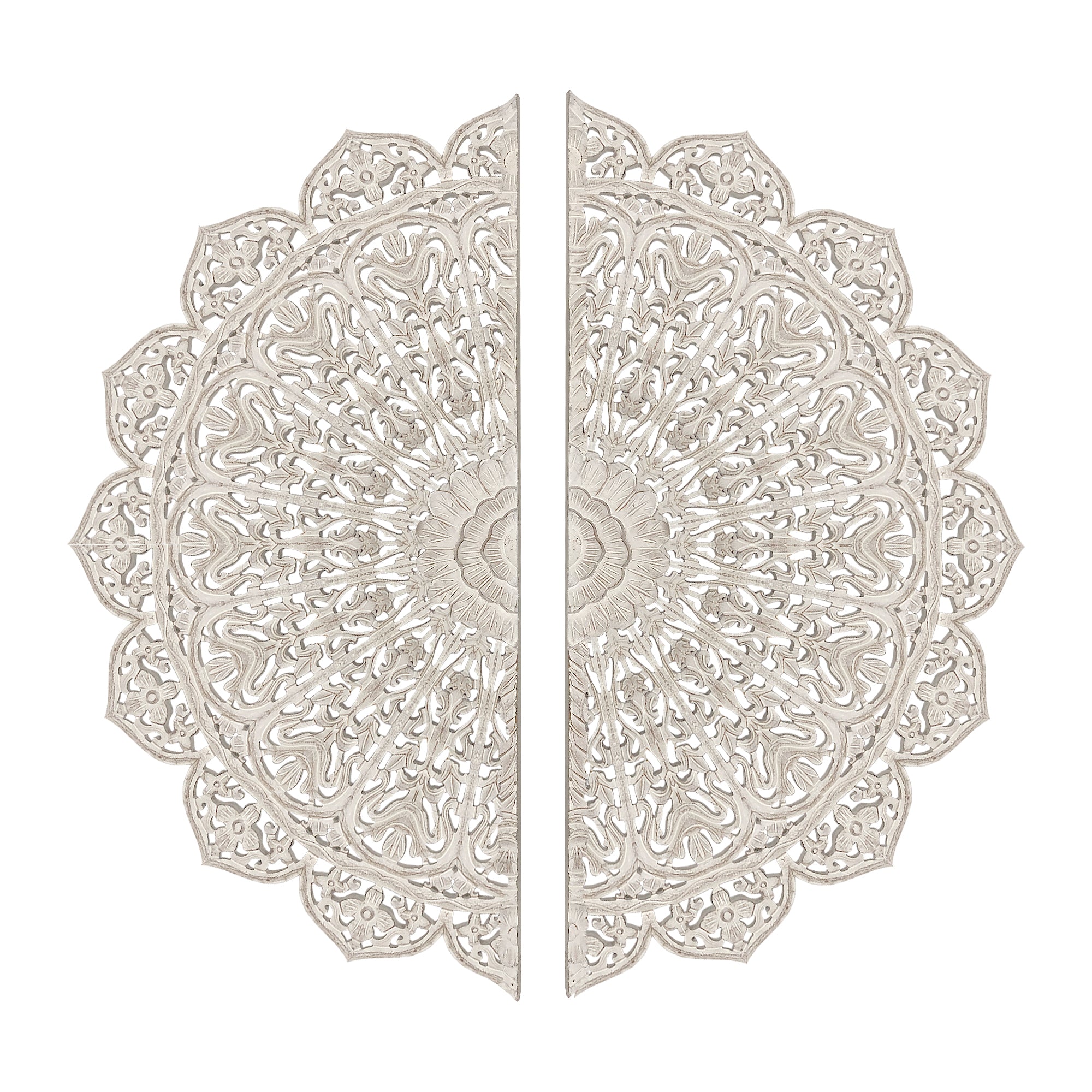 48 Inch Half Moon Hand Carved Floral Mango Wood Wall Panel Decor Antique White