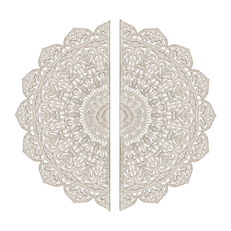 48 Inch Half Moon Hand Carved Floral Mango Wood Wall Panel Decor Antique White-zoom-