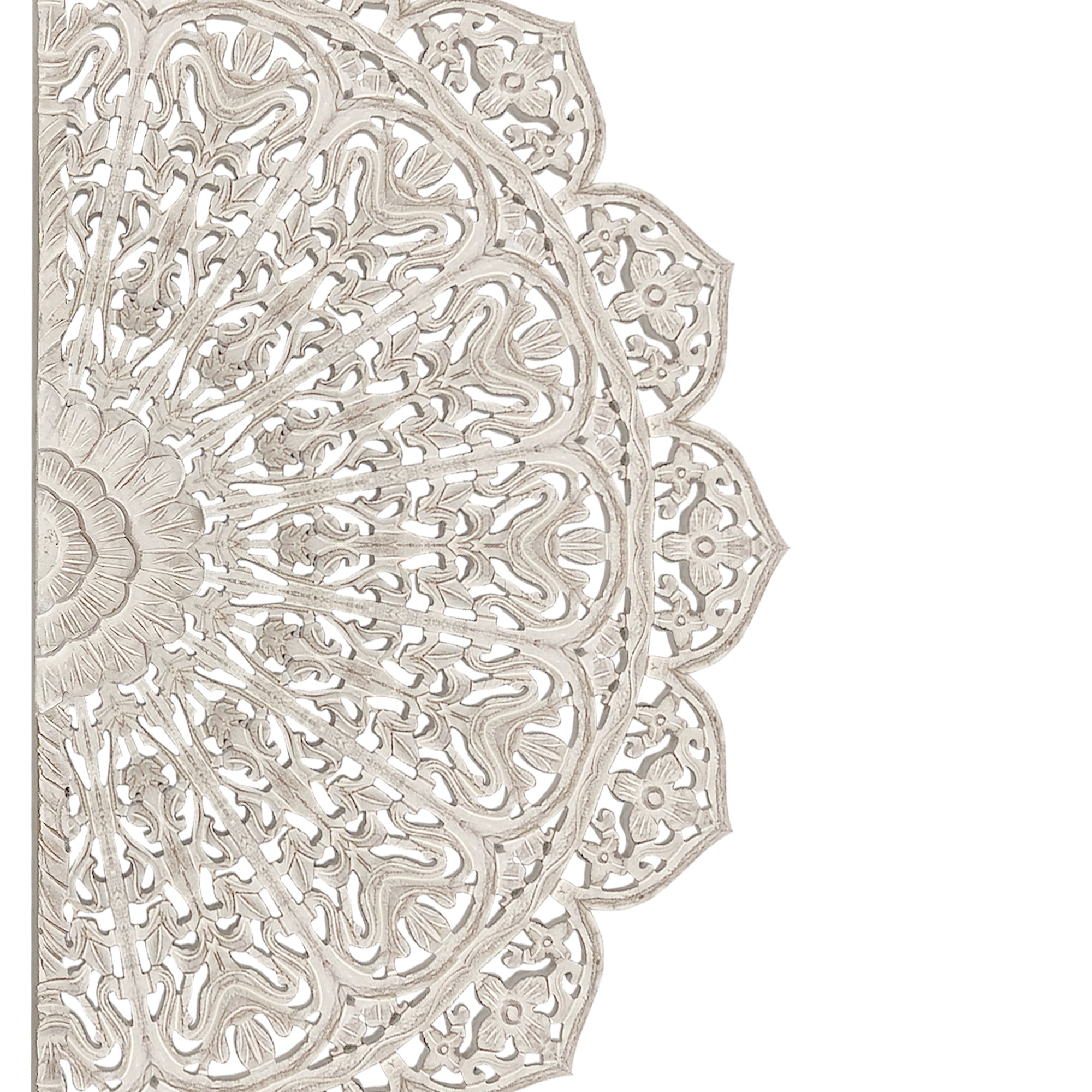 48 Inch Half Moon Hand Carved Floral Mango Wood Wall Panel Decor Antique White-zoom-2
