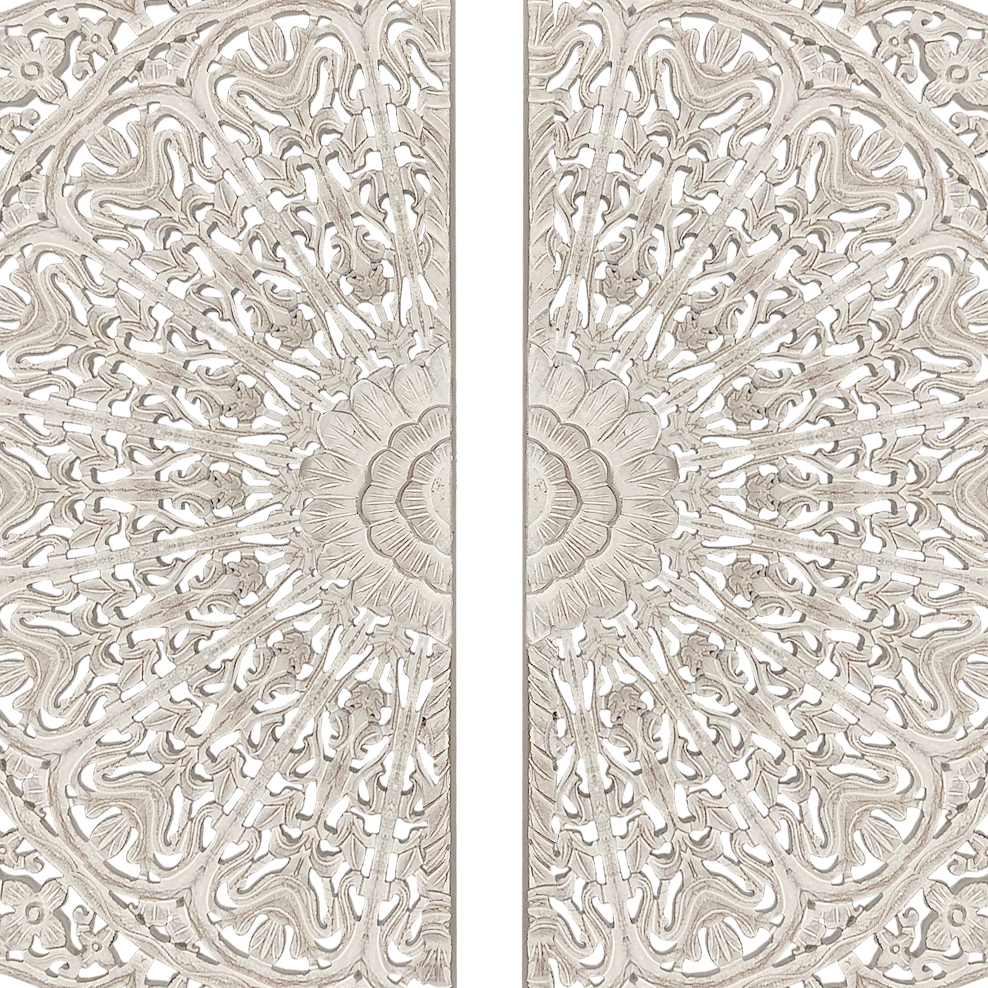 48 Inch Half Moon Hand Carved Floral Mango Wood Wall Panel Decor Antique White-zoom-3