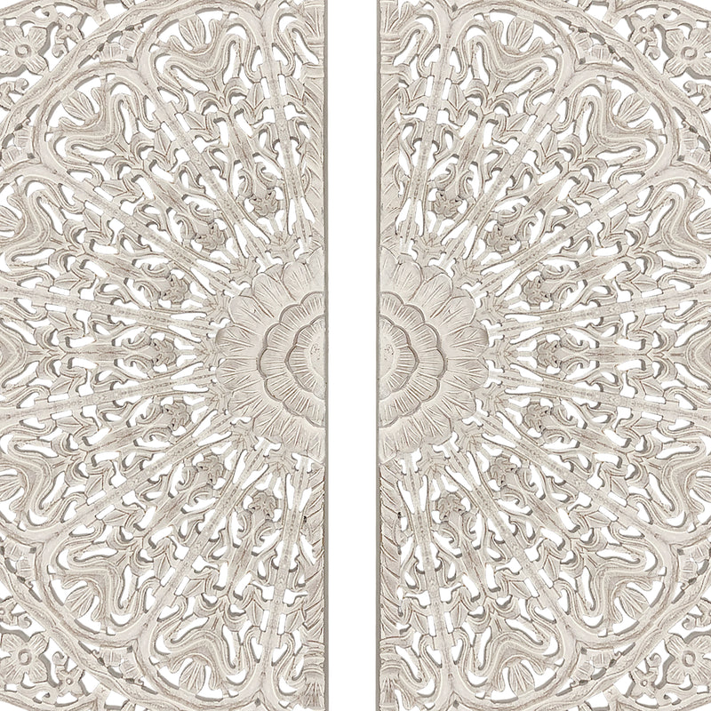 48 Inch Half Moon Hand Carved Floral Mango Wood Wall Panel Decor Antique White-zoom-
