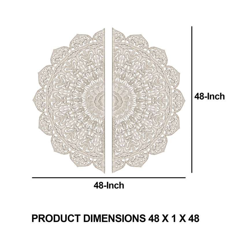 48 Inch Half Moon Hand Carved Floral Mango Wood Wall Panel Decor Antique White-zoom-