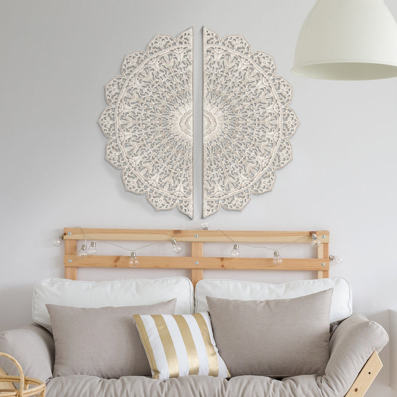 48 Inch Half Moon Hand Carved Floral Mango Wood Wall Panel Decor Antique White-zoom-