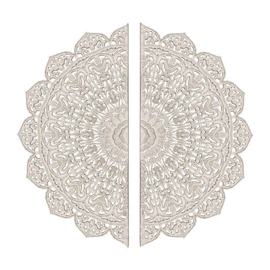 48 Inch Half Moon Hand Carved Floral Mango Wood Wall Panel Decor Antique White