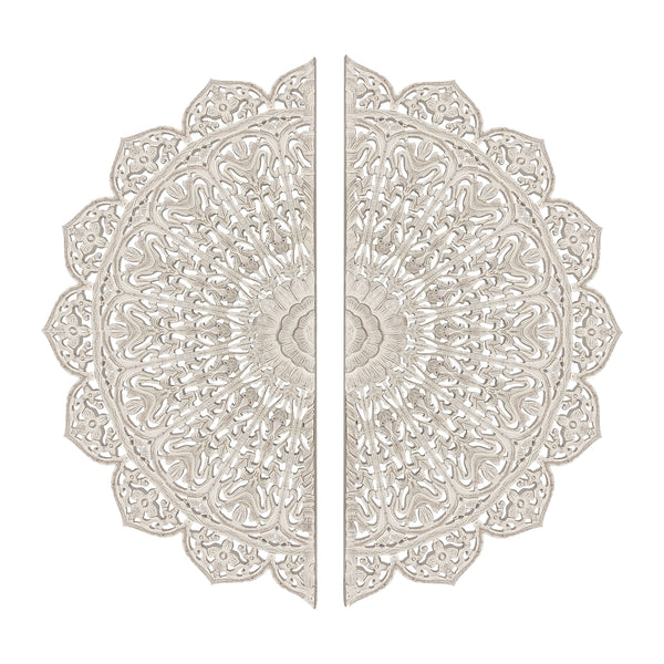 48 Inch Half Moon Hand Carved Floral Mango Wood Wall Panel Decor Antique White