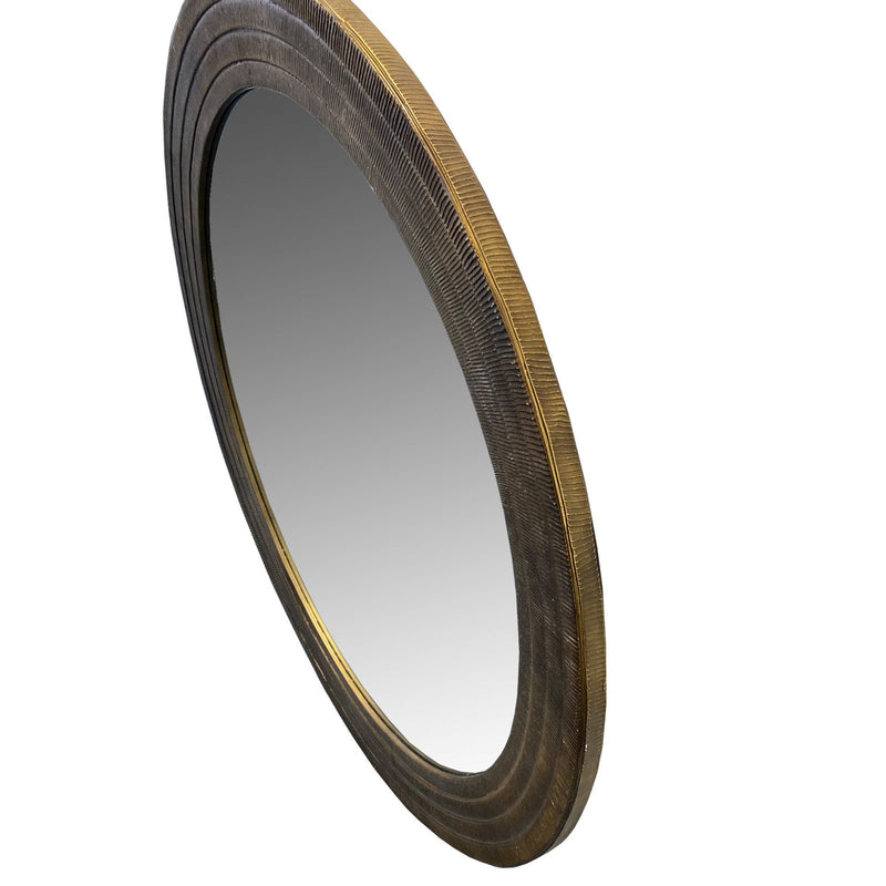 Round Layered Wooden Frame Decor Wall Mirror With Hand Carved Texture Brown-zoom-