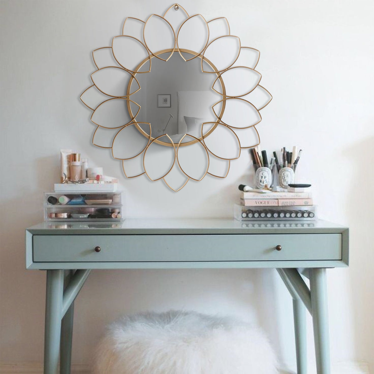 Round Metal Decor Wall Mirror With Oval Motif Brown And Gold-zoom-1