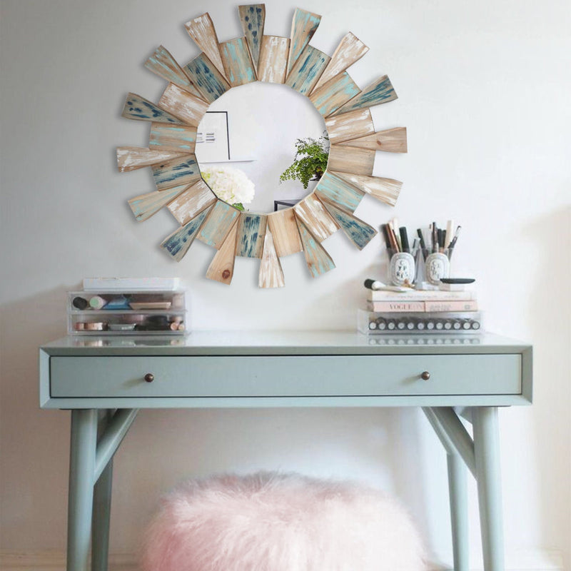 Round Wooden Decor Wall Mirror With Triangular Plank Accent Brown-zoom-