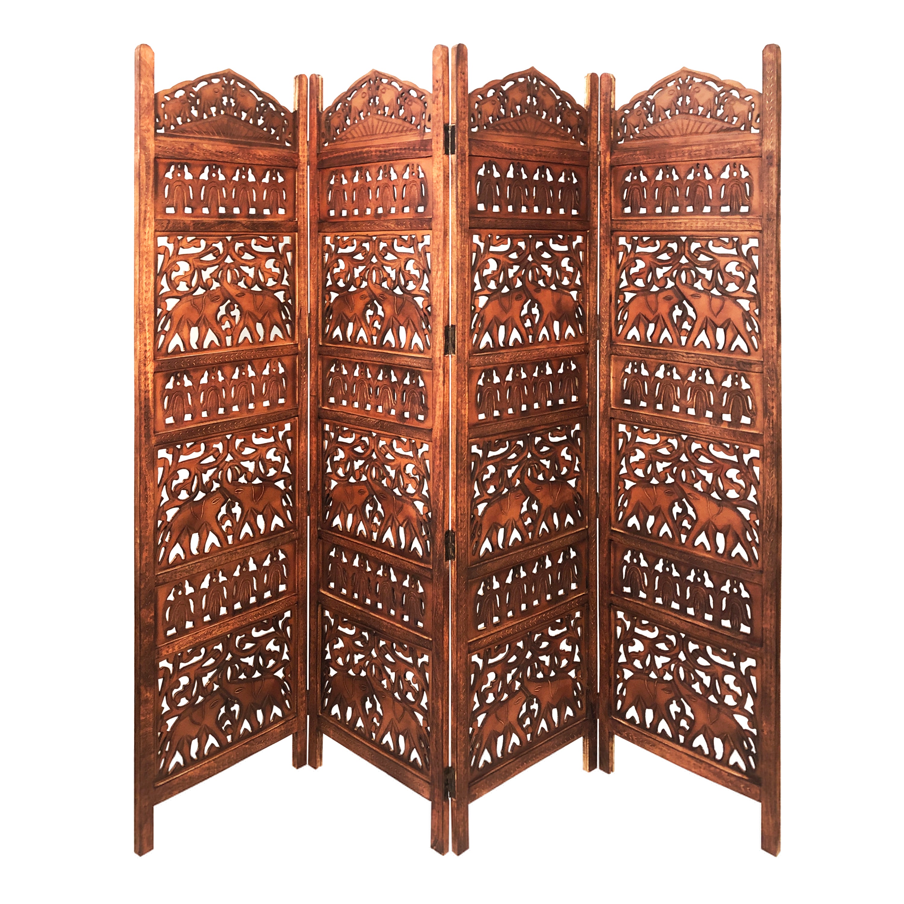 80 Inch Handcrafted 4 Panel Carved Wood Room Divider Screen, Intricate Cutout Details, Brown-zoom-1