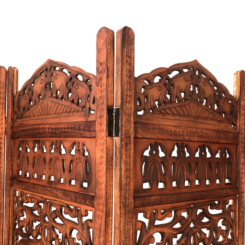 80 Inch Handcrafted 4 Panel Carved Wood Room Divider Screen, Intricate Cutout Details, Brown-zoom-
